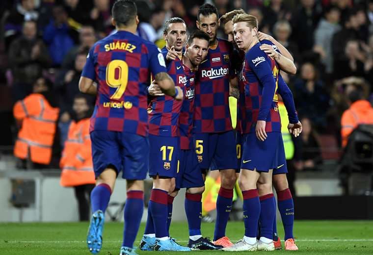 Messi celebrando uno de los tres goles que marcó en la jornada. Foto. AFP