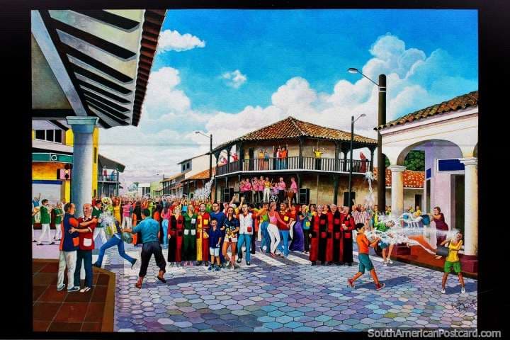 Pintura que muestra el tradicional Carnaval cruceño de calle