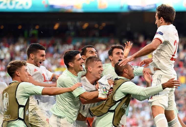 La celebración de los españoles tras superar a Croacia este lunes. Foto: AFP