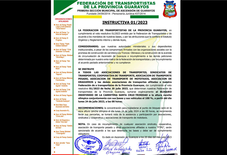 Resolución de la Federación de Transportistas de Guarayos para bloquear la carretera 