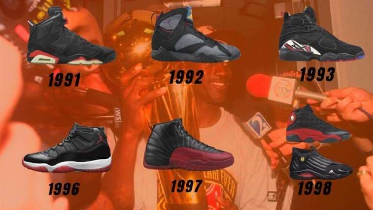 Zapatillas que Jordan utilizó en la década de los 90. Foto: Internet