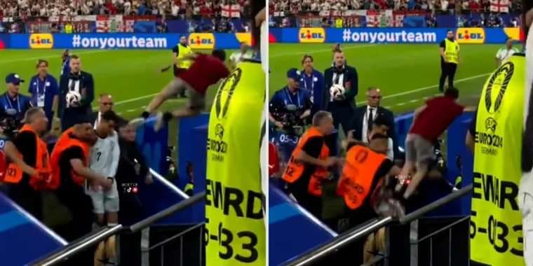 Un fanático saltó desde la tribuna para saludar a Cristiano Ronaldo, casi lo lastima y cayó por el hueco de una escalera