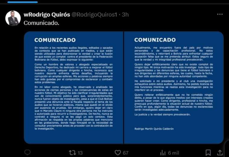 Rodrigo Quirós emitió un comunicado en el que niega complot contra Fernando Costa (video)