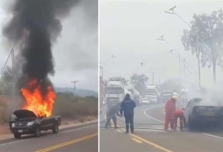 Una camioneta de Vías Bolivia se incendio en plena carretera /Fotos: RRSS