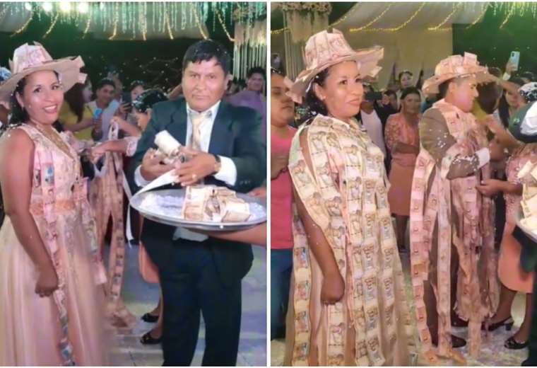 Novios reciben ropa confeccionada con billetes de 100 y 200 bolivianos como regalo de bodas