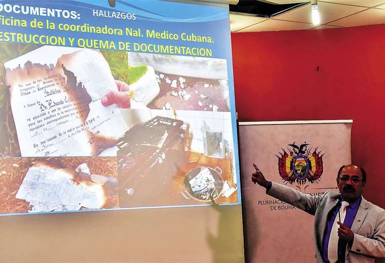 Los ministros Roxana Lizárraga y Aníbal Cruz hicieron la denuncia contra los médicos cubanos en el auditorio del Ministerio de Salud.. Foto: APG Noticias