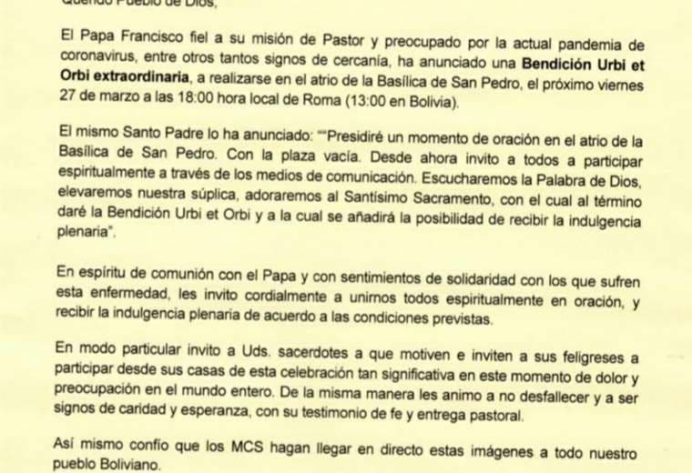 El arzobispo de Santa Cruz Sergio Gualberto invita a unirse a la celebración con el papa