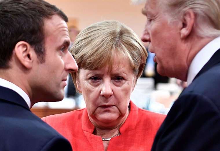 Macron (Francia), Merkel (Alemania) y Trump (Estados Unidos), en reunión del G7