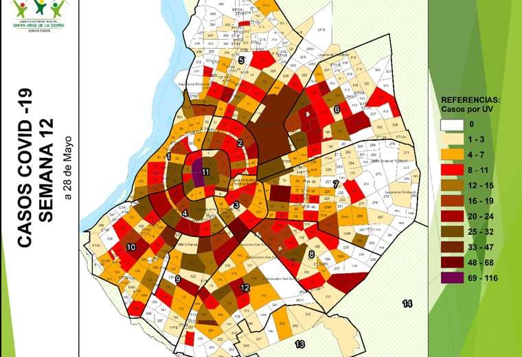 Mapa de los barrios infectados de la capital cruceña