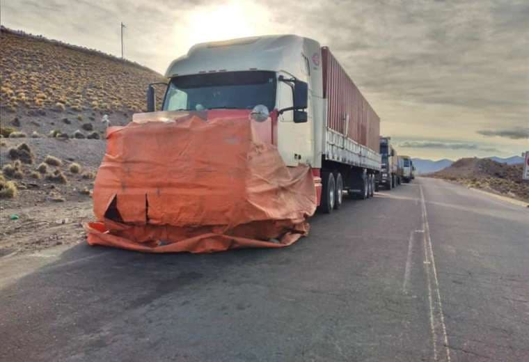 El transporte varado en la frontera con Chile Foto: Asociatrin