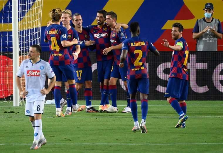 La felicidad de los jugadores del Barcelona, que el viernes enfrentarán al Bayern por cuartos de final de la Champions. Foto: AFP