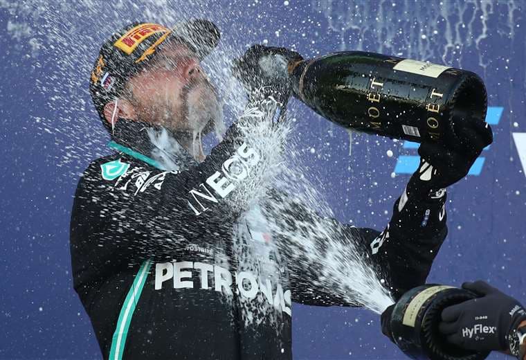 La celebración de Bottas tras su victoria en el GP de Rusia. Foto: AFP