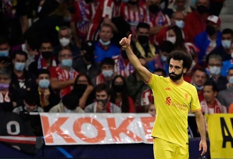 El festejo de Salah, que hizo dos goles este martes para el Liverpool. Foto. AFP