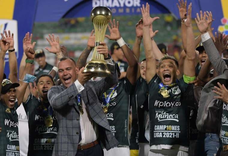 La celebración del Deportivo Cali tras lograr el título. Foto: AFP