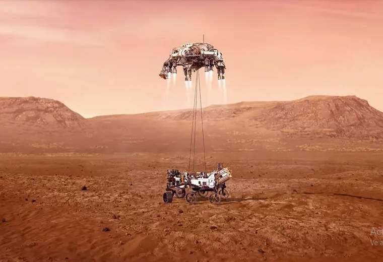 Recreación del rover Perseverance en el momento de su aterrizaje en Marte