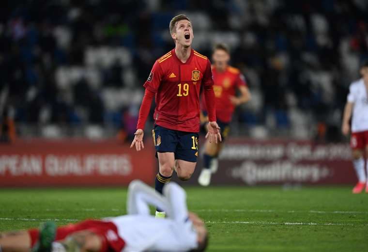 El festejo de Dani Olmo, que hizo el gol del triunfo de España sobre Georgia. Foto. AFP