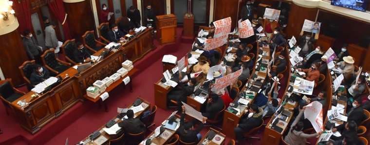 Guerra de carteles en el pleno de la Asamblea (Foto: APG Noticias) 