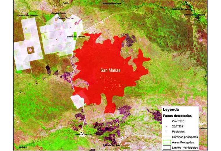 Imagen satelital de los focos de calor en San Matías (Foto: Satif)