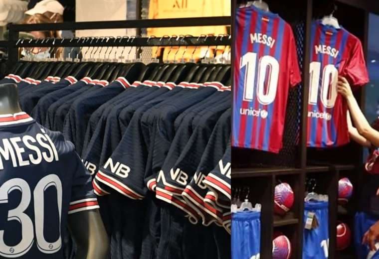 Camisetas de Messi en París (izq.) y en Barcelona (dcha.). Fotos: Internet