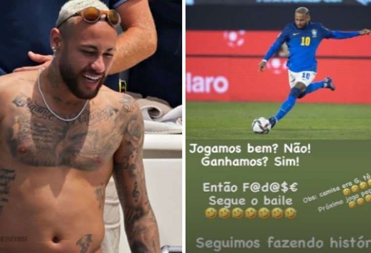 Neymar cuando estaba de vacaciones (izq.) y su publicación en Instagram (dcha.)