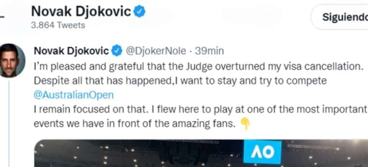Captura de pantalla de la publicación de Djokovic en Twitter