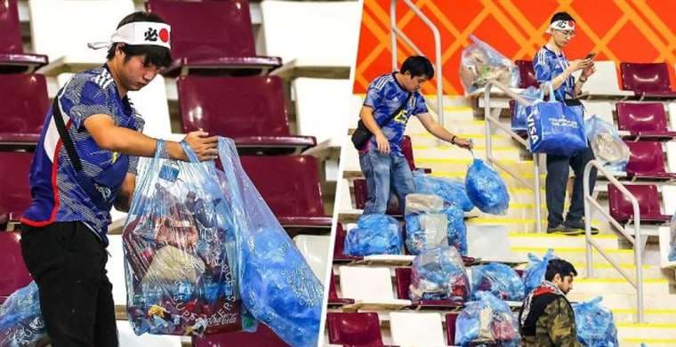 Japoneses limpiando el estadio donde jugó su selección. Foto: Internet