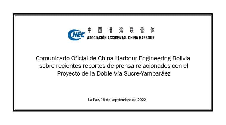 Comunicado Oficial de China Harbour Engineering Bolivia 