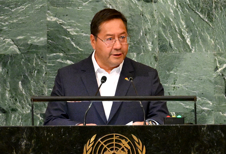 El presidente de Bolivia, Luis Arce, durante su intervención en la ONU. Foto. AFP