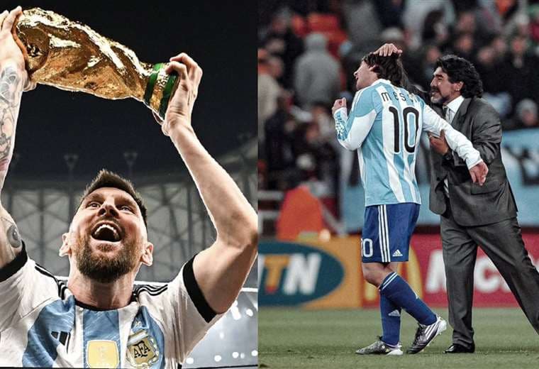 Messi campeón del mundo y Maradona cuando fue DT.