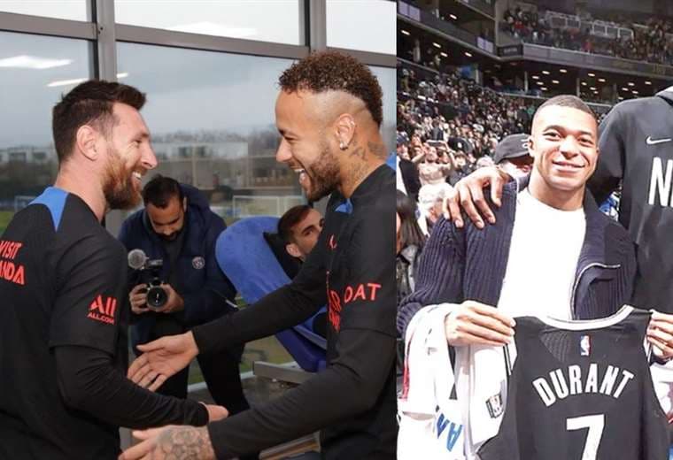 Messi siendo felicitado por Neymar y Mbappé en la NBA, saludando a Kevin Durant.