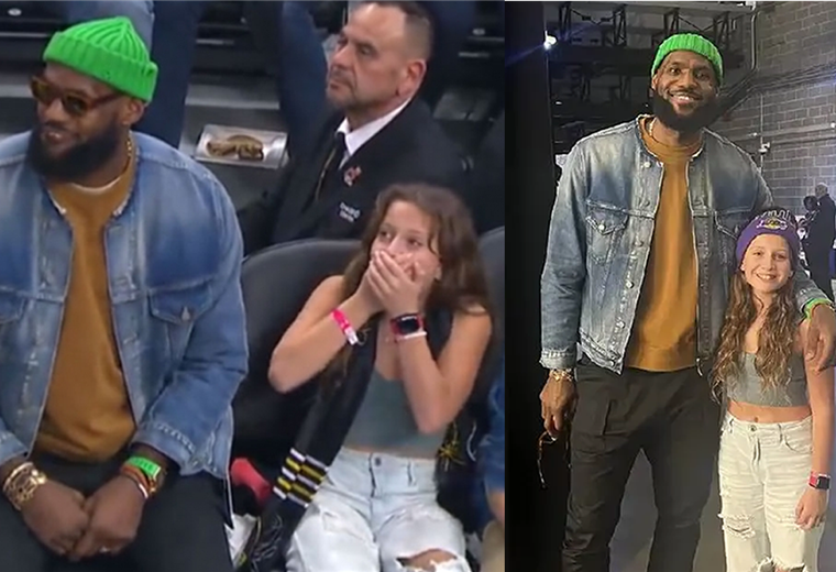 La reacción de la niña junto a LeBron James, su ídolo. Foto. Internet 