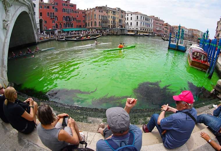 Gran Canal de Venecia teñido de verde. Foto. AFP